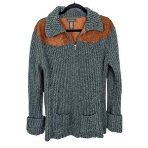 Banana Republic Green Ribbed Lambswool  Leather Full Zip Sweater sz Large